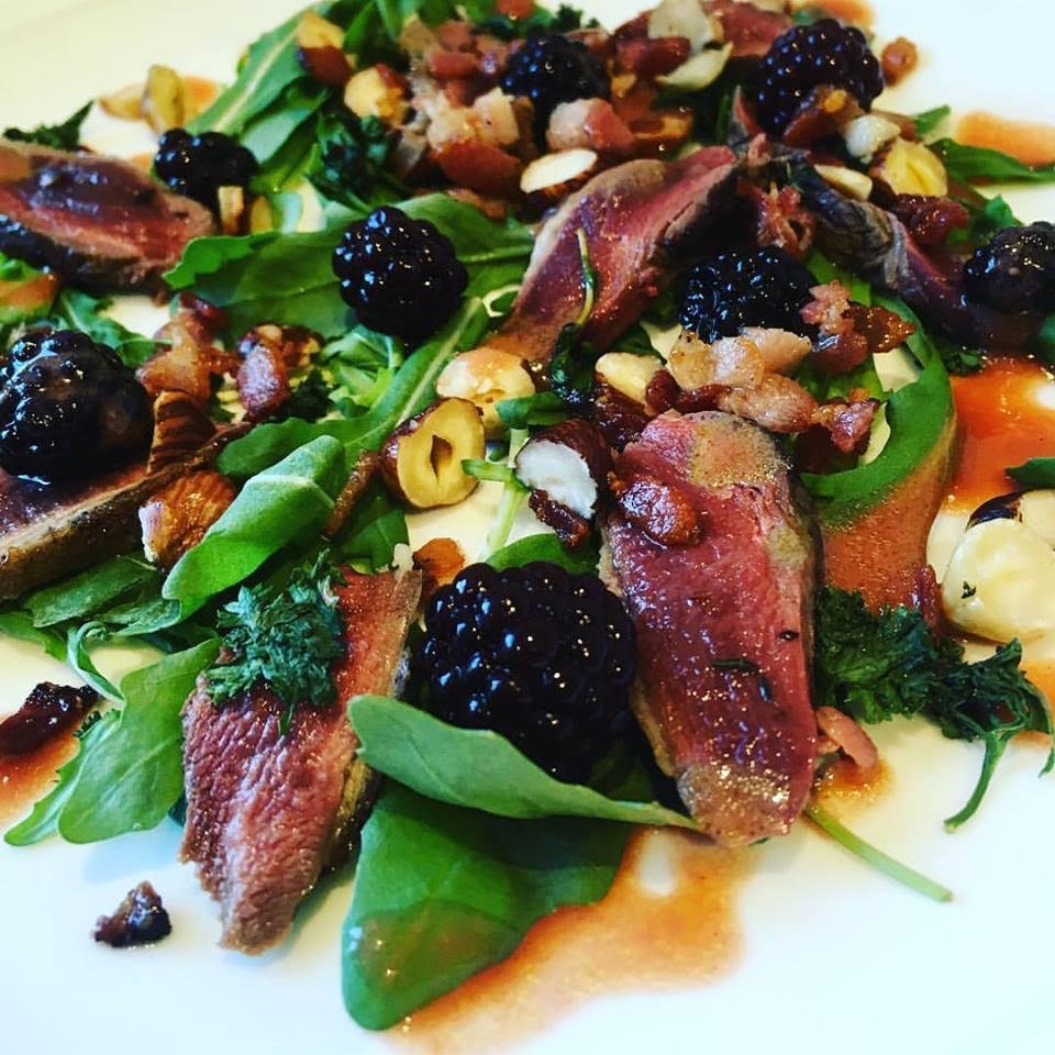 Wood Pigeon Warm Salad with Pickled Blackberries