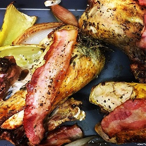Bacon Fat Roasted Pheasant with Roasted Celery
