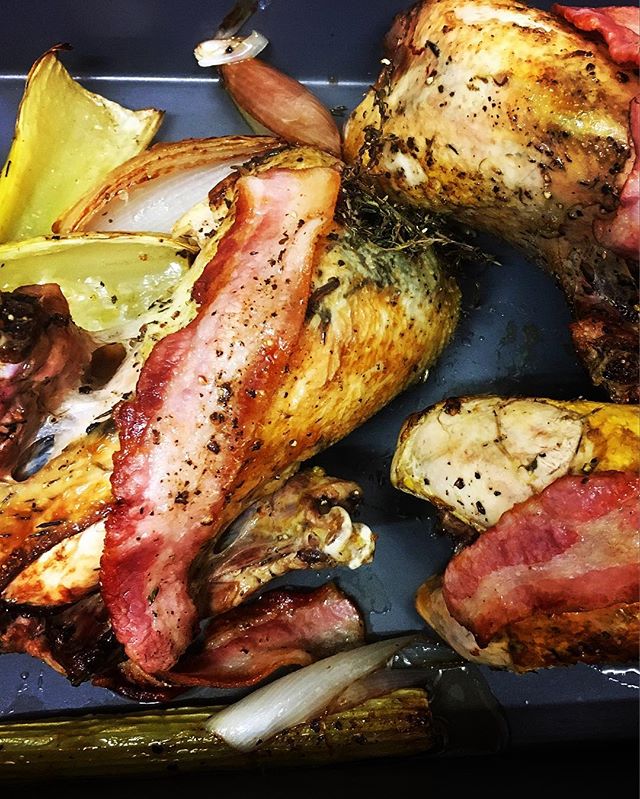 Bacon Fat Roasted Pheasant with Roasted Celery